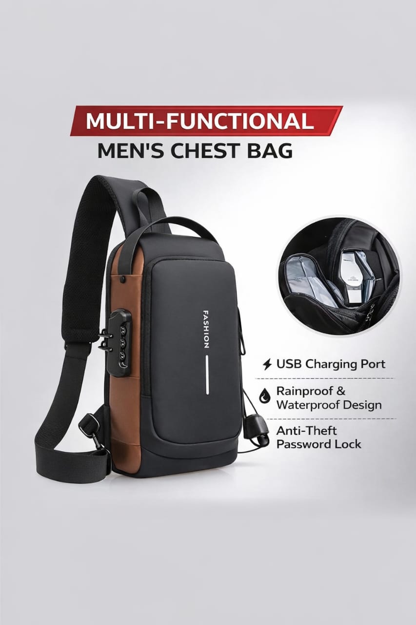 Men’s Waterproof Oxford Chest Crossbody Bag – USB Port, Multi-Pocket Travel Sling (Large Size)