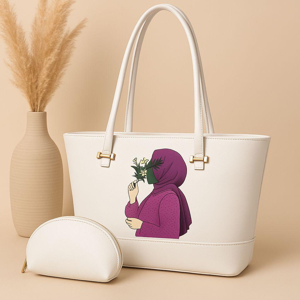 Hijab Girl Synthetic Leather Tote Bag with Matching Mini Zipper Pouch – 9 Colors