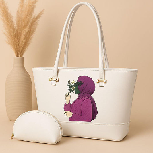 Hijab Girl Synthetic Leather Tote Bag with Matching Mini Zipper Pouch – 9 Colors
