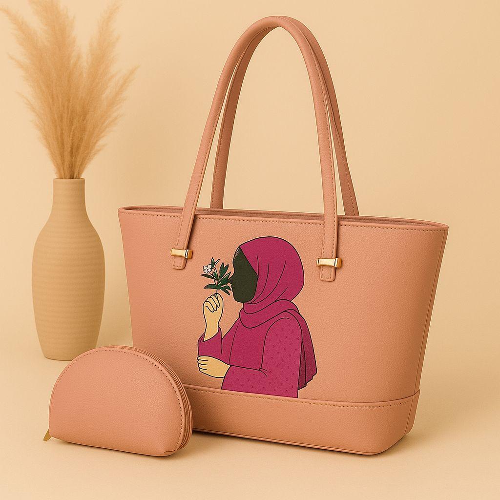 Hijab Girl Synthetic Leather Tote Bag with Matching Mini Zipper Pouch – 9 Colors