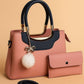 High-Quality Synthetic Leather Handbag – 2-Piece Set with Long Strap & Pom-Pom Charm (7 Colors)