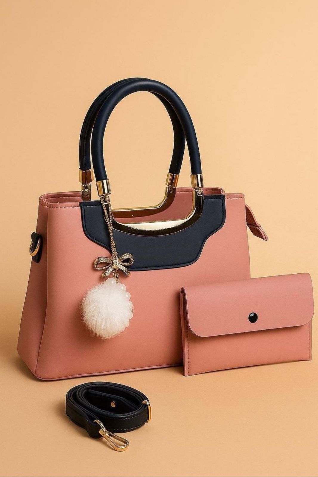 High-Quality Synthetic Leather Handbag – 2-Piece Set with Long Strap & Pom-Pom Charm (7 Colors)