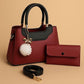 High-Quality Synthetic Leather Handbag – 2-Piece Set with Long Strap & Pom-Pom Charm (7 Colors)