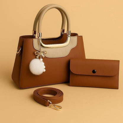 High-Quality Synthetic Leather Handbag – 2-Piece Set with Long Strap & Pom-Pom Charm (7 Colors)