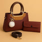 High-Quality Synthetic Leather Handbag – 2-Piece Set with Long Strap & Pom-Pom Charm (7 Colors)