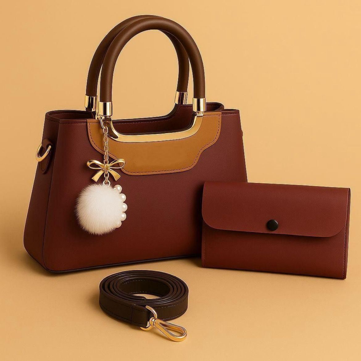 High-Quality Synthetic Leather Handbag – 2-Piece Set with Long Strap & Pom-Pom Charm (7 Colors)