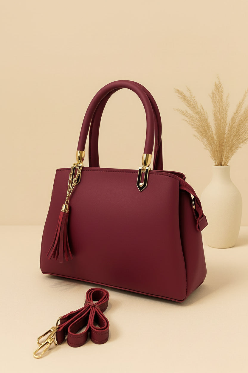 High-Quality Synthetic Leather Handbag – 3 Compartments, Long Adjustable Shoulder Belt Included