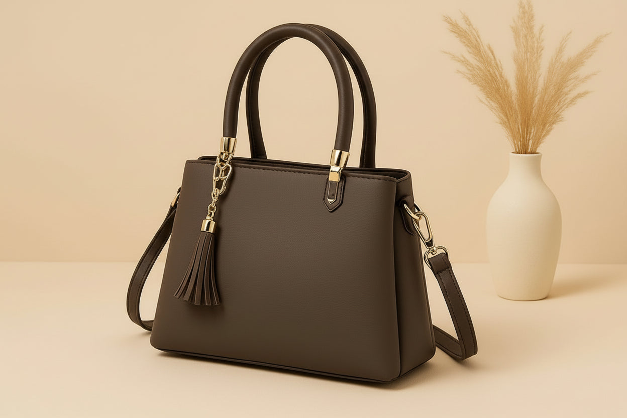 High-Quality Synthetic Leather Handbag – 3 Compartments, Long Adjustable Shoulder Belt Included