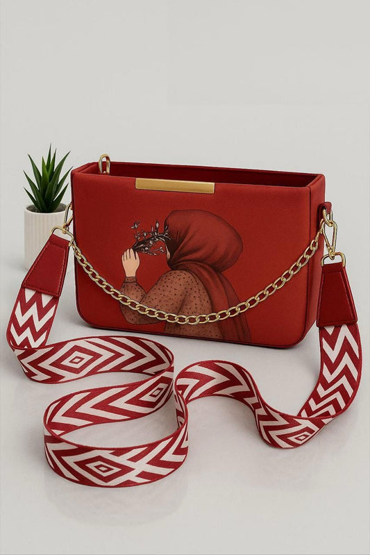 Premium Hijab Shoulder Bag for Girls – Stylish Rexine Crossbody with Digital Imported Strap, Front Chain & Multiple Colors