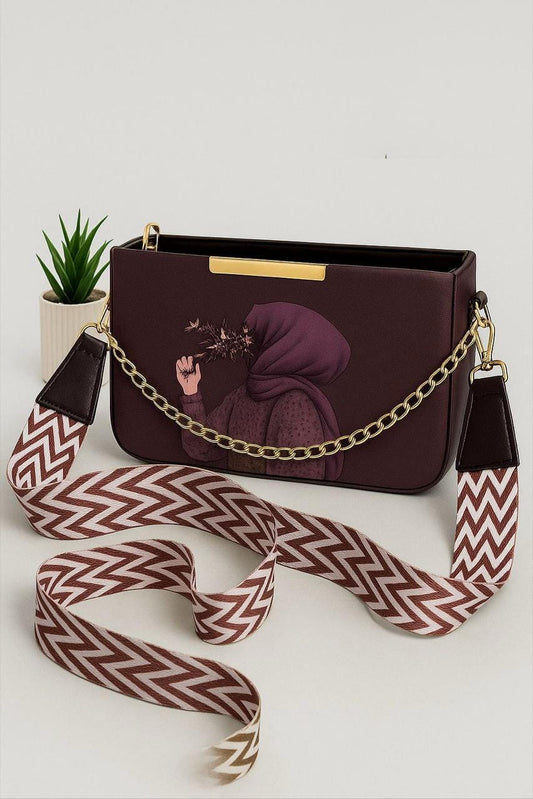 Premium Hijab Shoulder Bag for Girls – Stylish Rexine Crossbody with Digital Imported Strap, Front Chain & Multiple Colors
