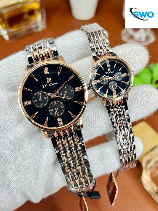 Stylish Couple Watch Set with Steel Chain | Push Lock | Premium Finish
