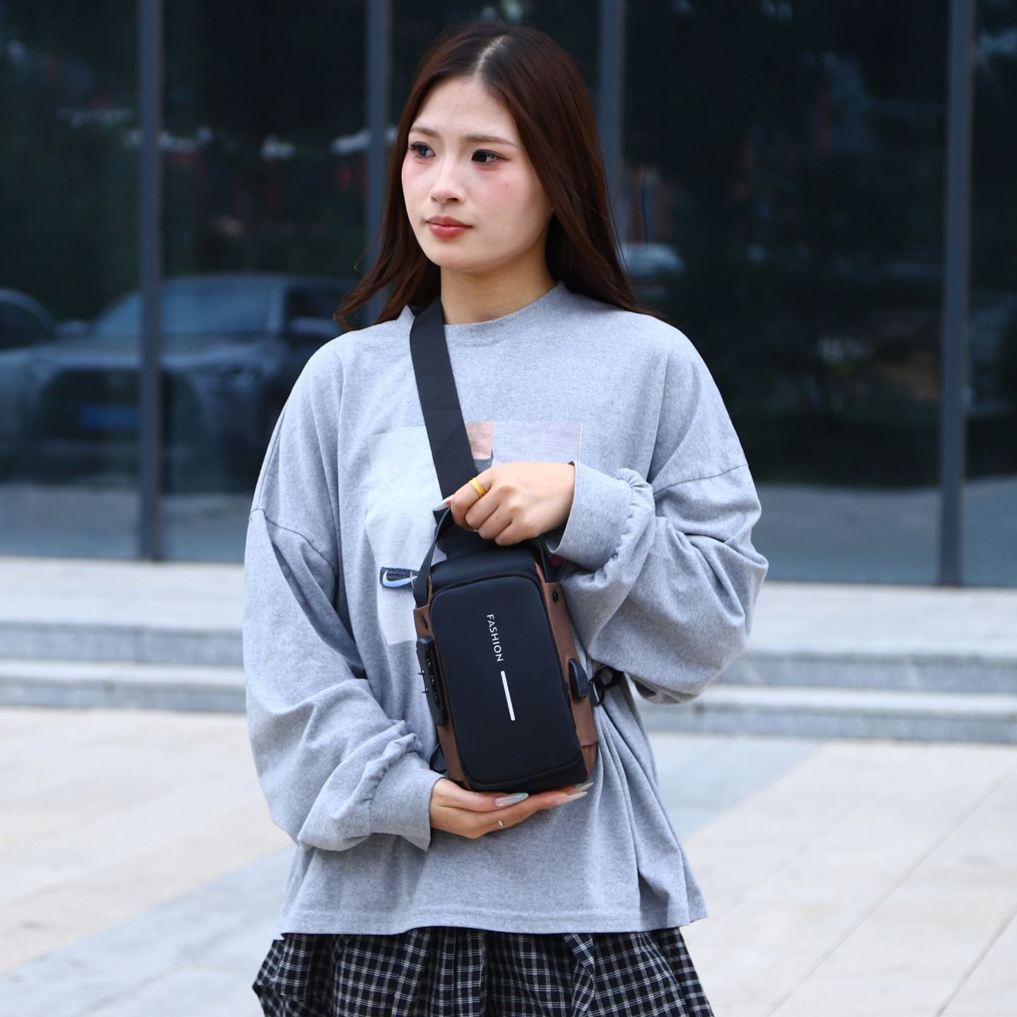 Men’s Waterproof Oxford Chest Crossbody Bag – USB Port, Multi-Pocket Travel Sling (Large Size)