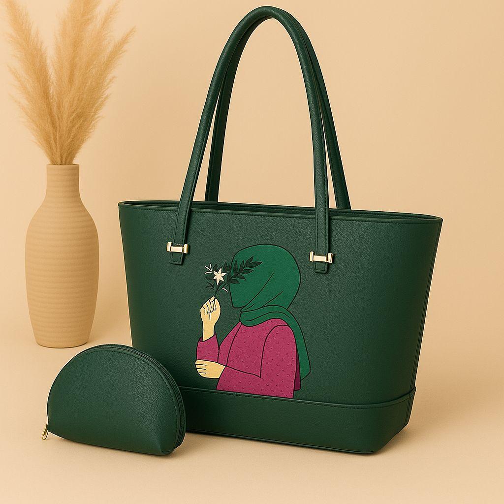 Hijab Girl Synthetic Leather Tote Bag with Matching Mini Zipper Pouch – 9 Colors