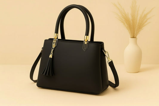 High-Quality Synthetic Leather Handbag – 3 Compartments, Long Adjustable Shoulder Belt Included